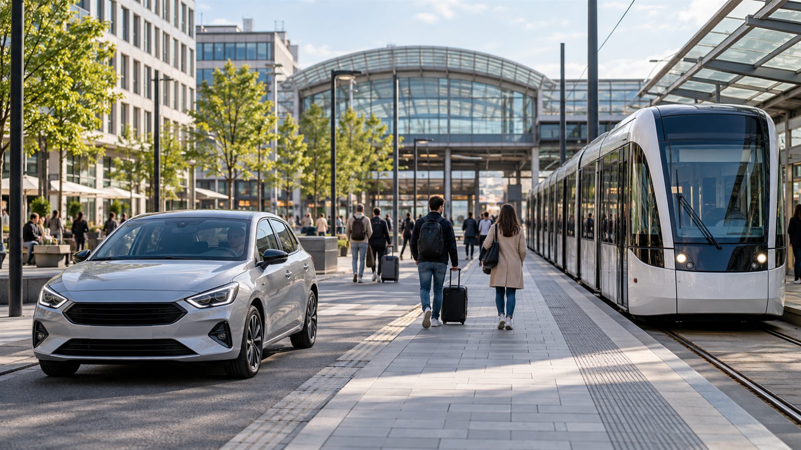 Unbranded compact car and modern city tram sharing a transport hub with travelers walking between them