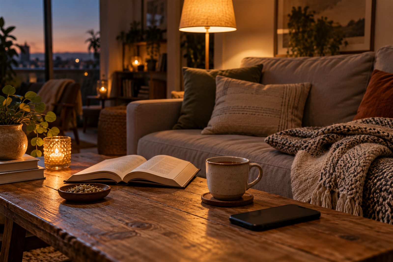 Warm reading lamp, open book, tea, folded blanket and phone placed face down in a lived-in room at dusk