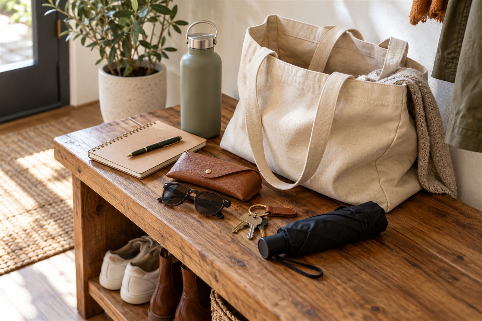 Open canvas tote beside a bottle, notebook, sunglasses case, keys and compact umbrella on an entryway bench