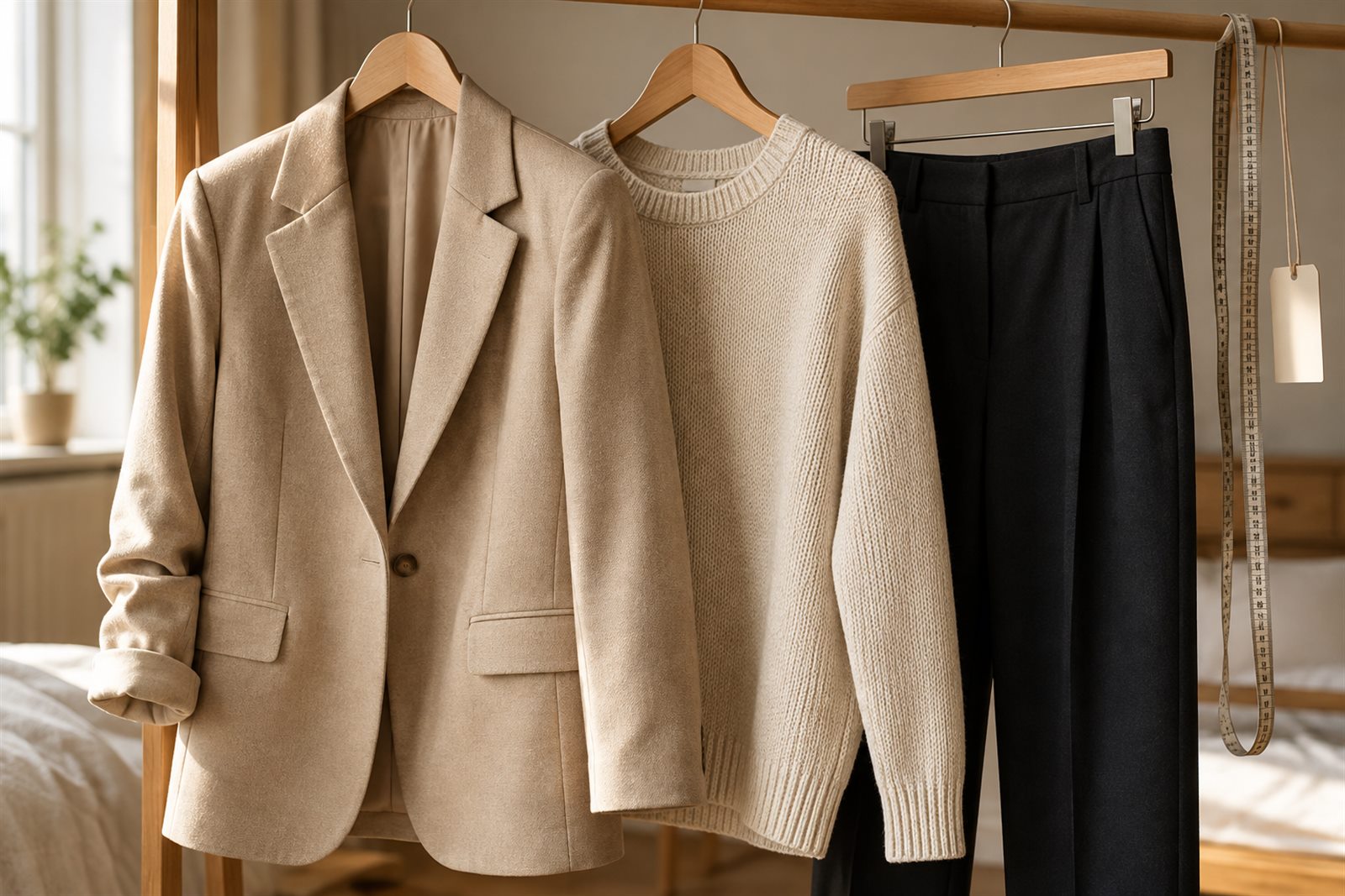 Neutral blazer, knit sweater and dark trousers on wooden hangers with a measuring tape