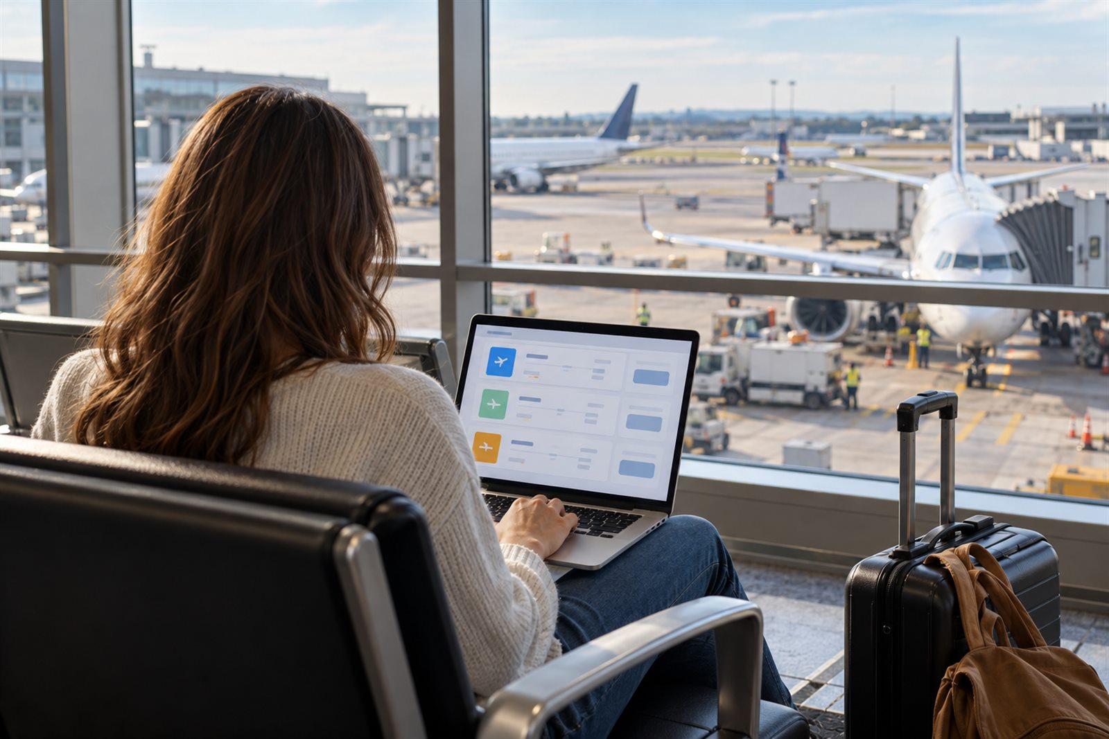 Traveler comparing an itinerary on an unbranded laptop beside an airport window and carry-on bag