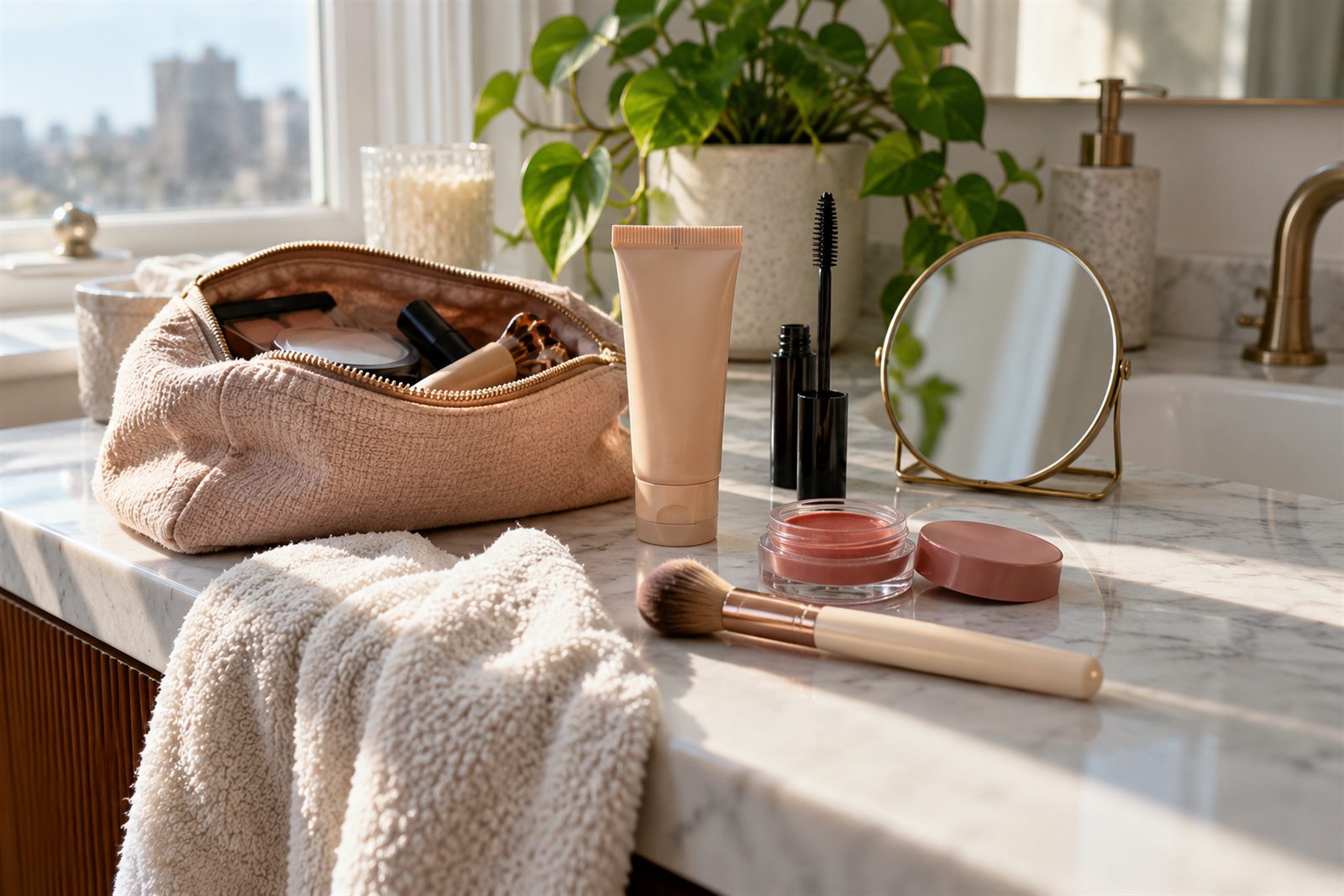 Open makeup bag with unbranded complexion products, mascara, cream blush, brush and mirror on a bright bathroom counter