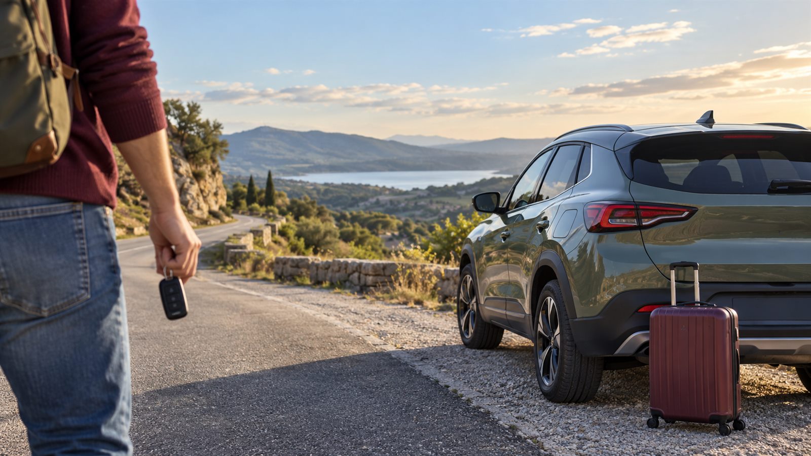 Unbranded compact crossover, suitcase and traveler holding a car key beside a scenic road
