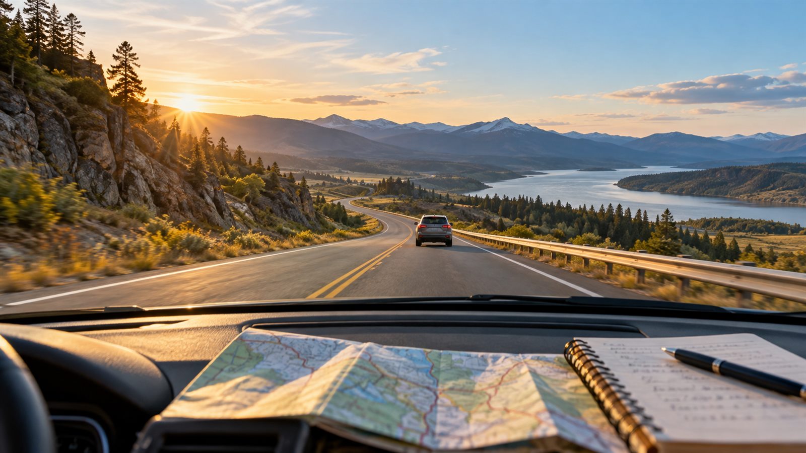 Open highway through mountain countryside with an unbranded car ahead, paper map and route notebook in the foreground