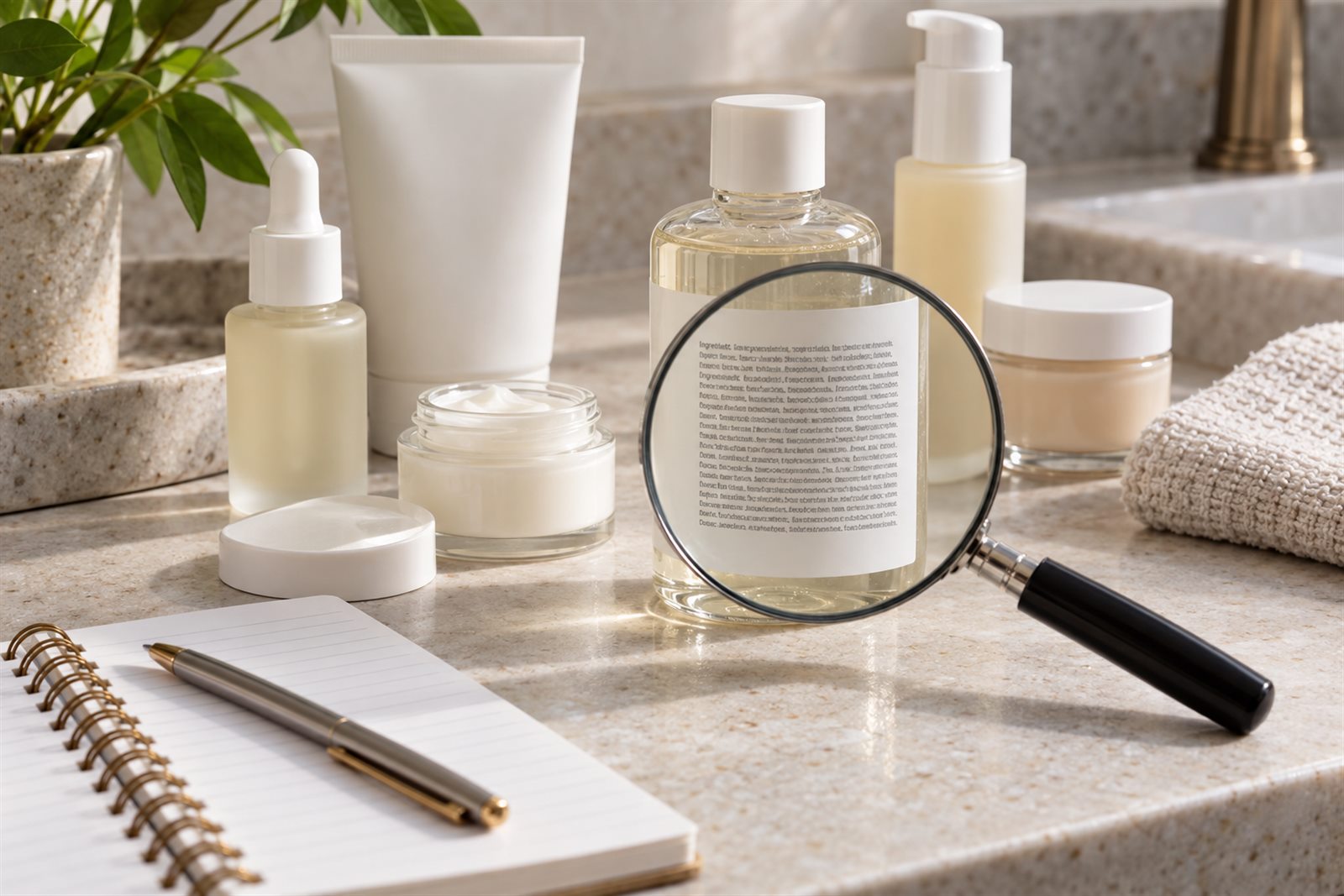 Unbranded skincare bottles, notebook and magnifying glass focused on a small ingredient panel