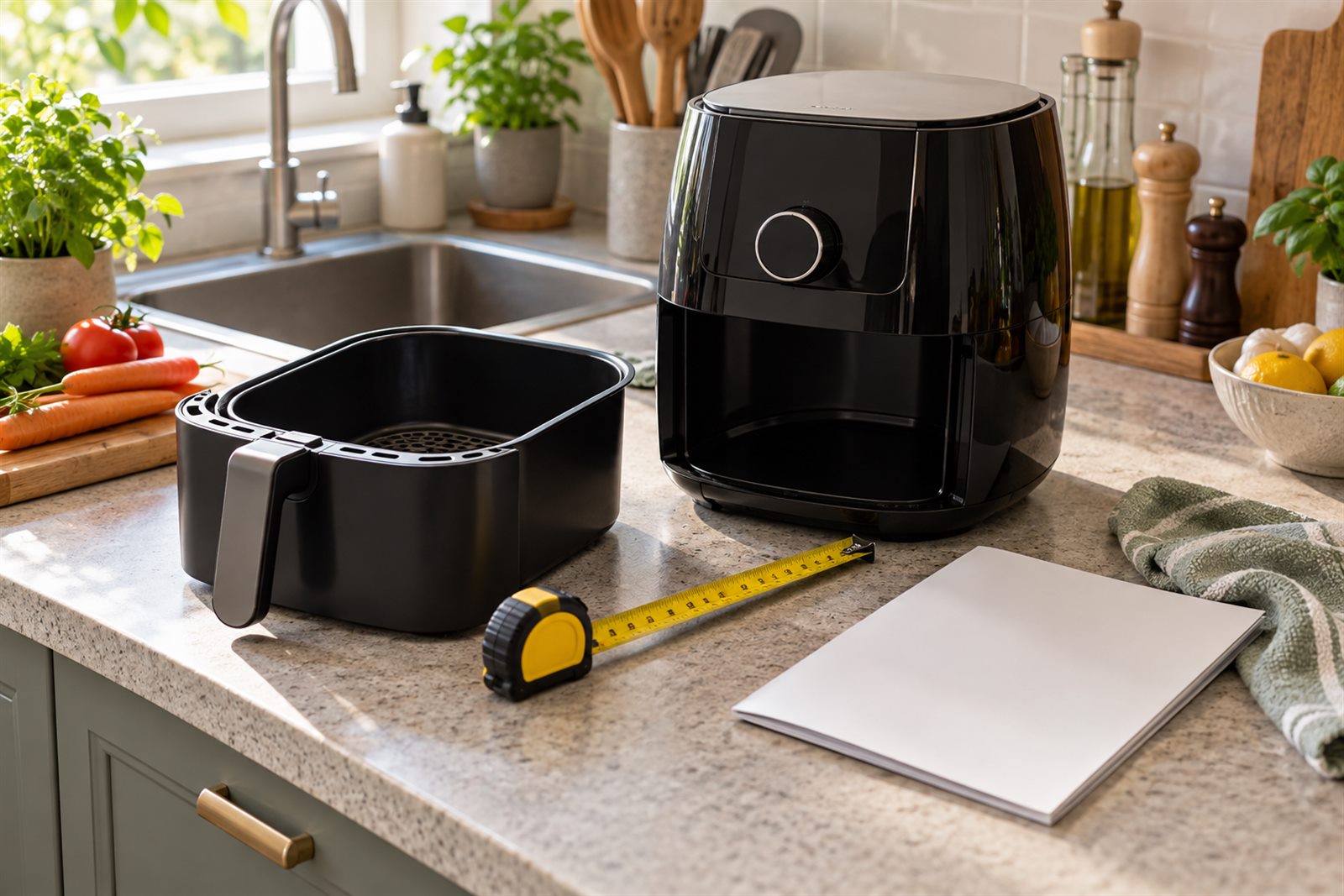 Unbranded countertop air fryer with removable basket, measuring tape and cleaning cloth in a real kitchen